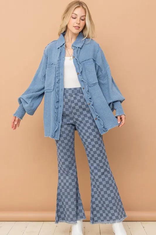 And The Why Checkerboard High Waist Bell Pants DENIM - Fashorio