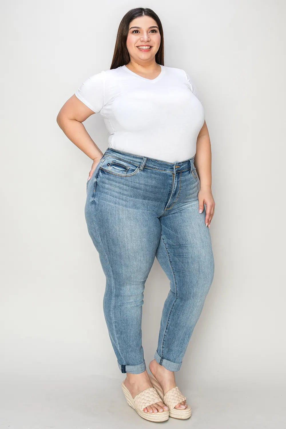 Judy Blue Plus Size Cuffed Hem Slim Jeans – Stretch Denim - Fashorio