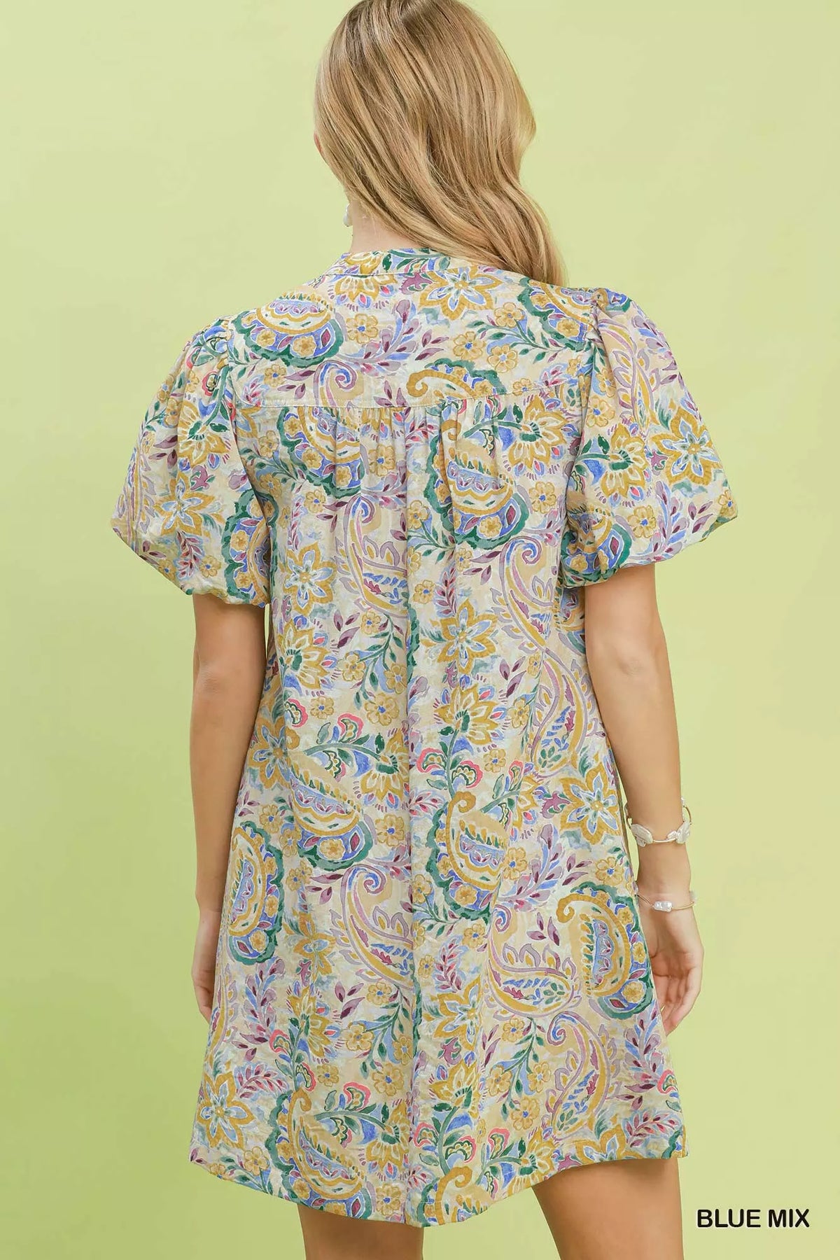 Blue paisley shift dress side view