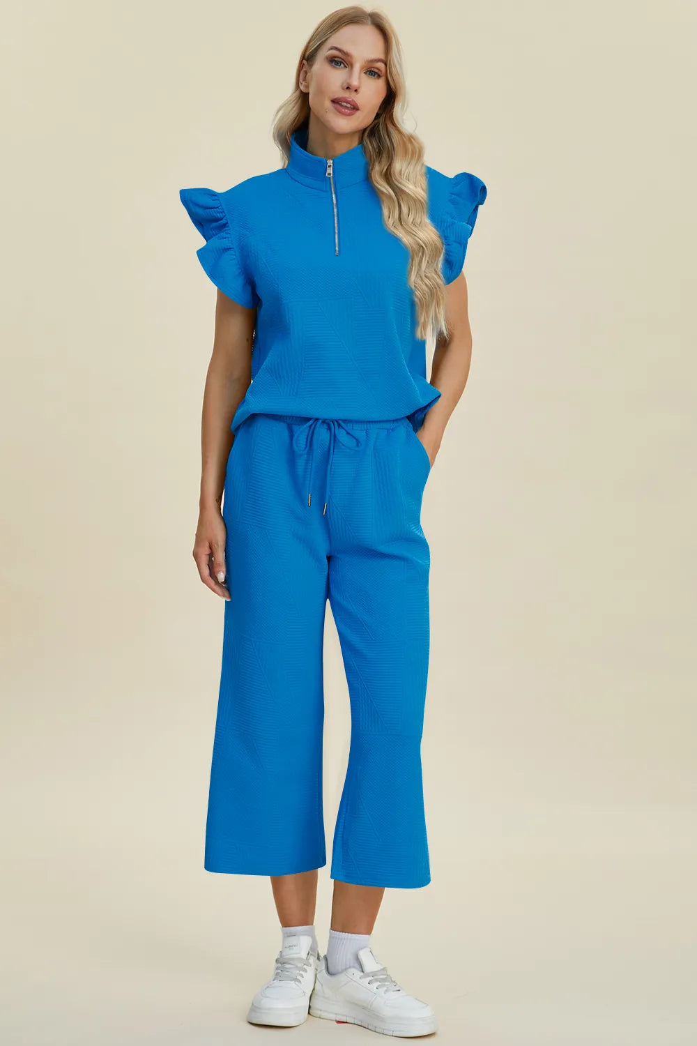 Double Take Full Size Texture Ruffle Short Sleeve Top and Wide Leg Pants Set Sky Blue - Fashorio