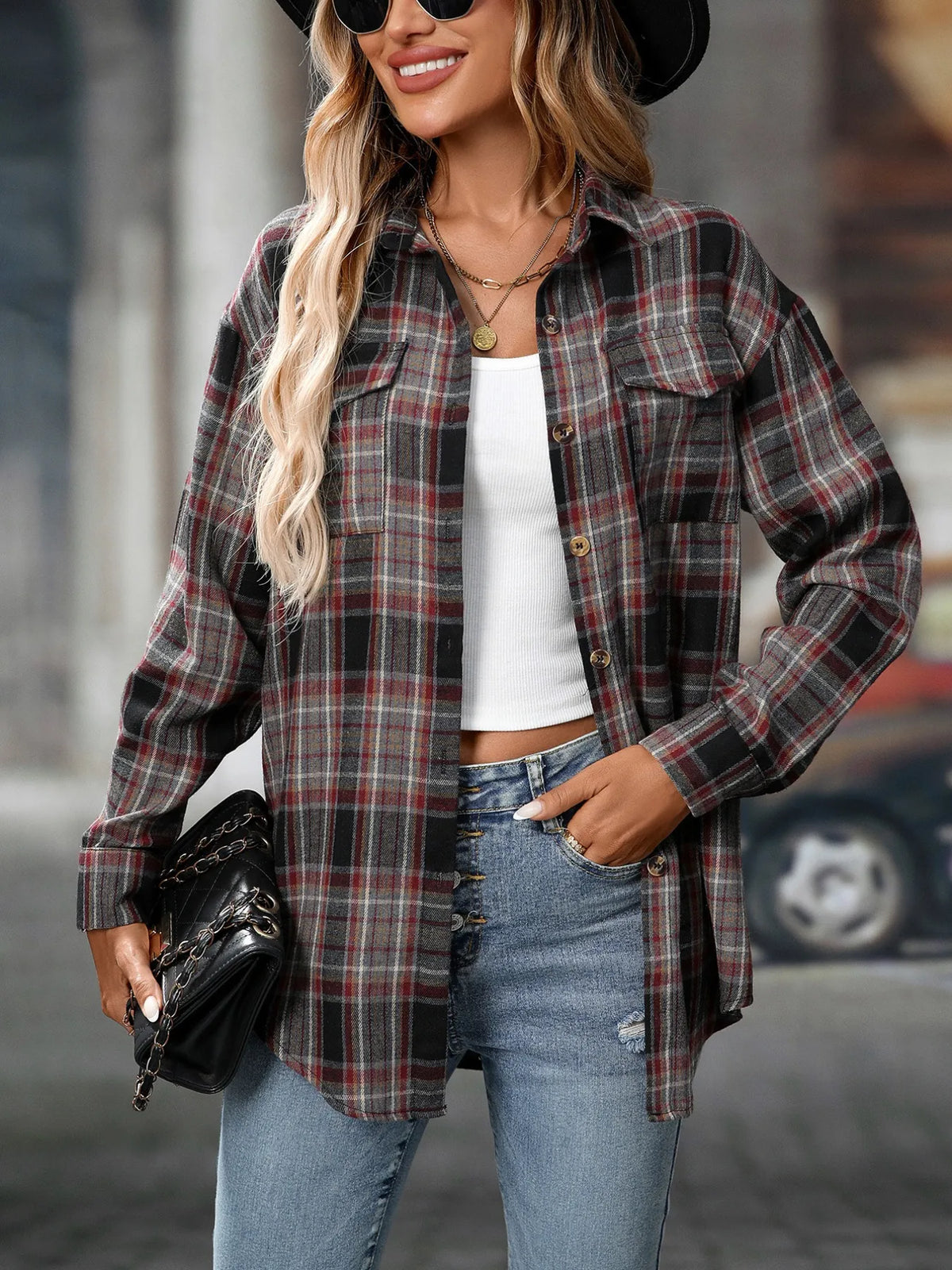 Oversized Plaid Button Up Shirt, view 15