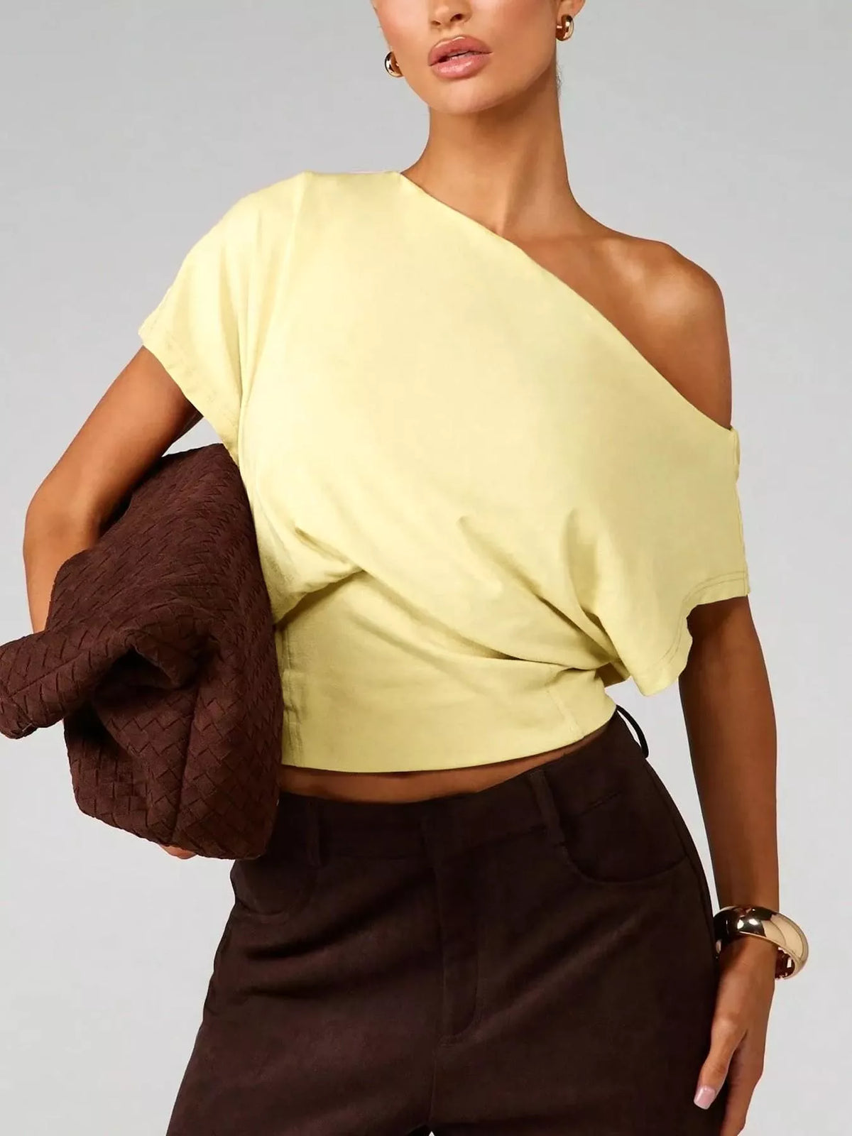 One shoulder crop tee yellow front view