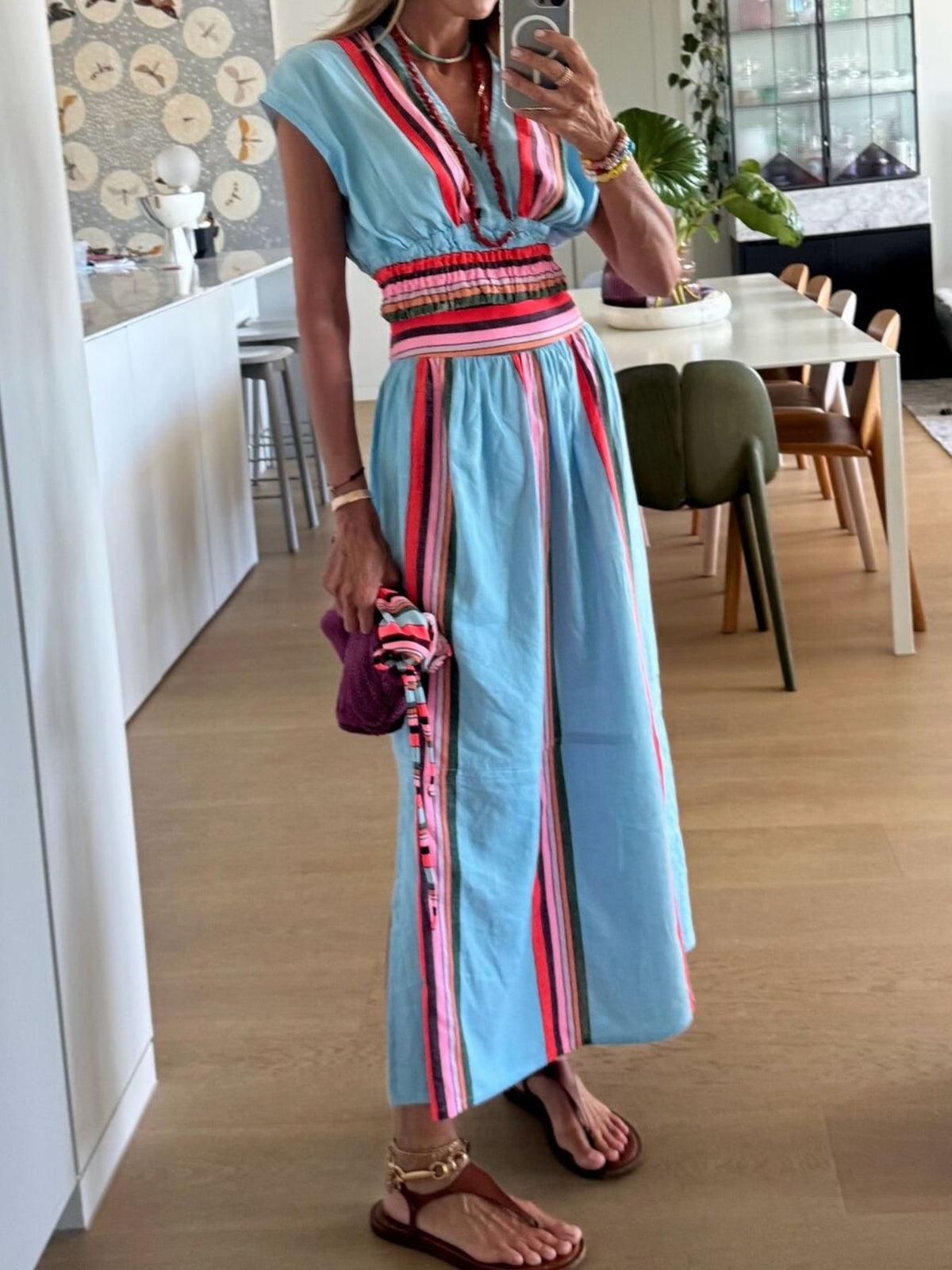 Striped coordinated cap sleeve top and skirt set detail