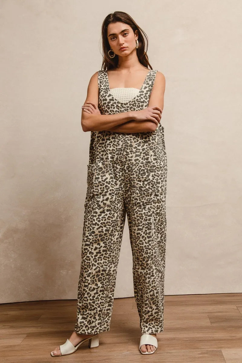 BiBi Leopard Print Adjustable Strap U Neck Jumpsuit - Fashorio