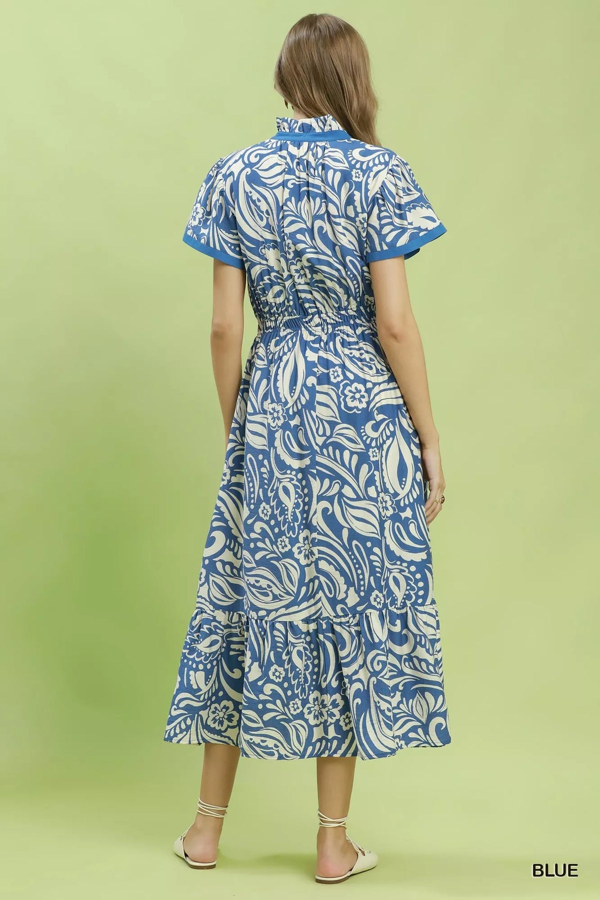 Blue paisley print midi dress back view