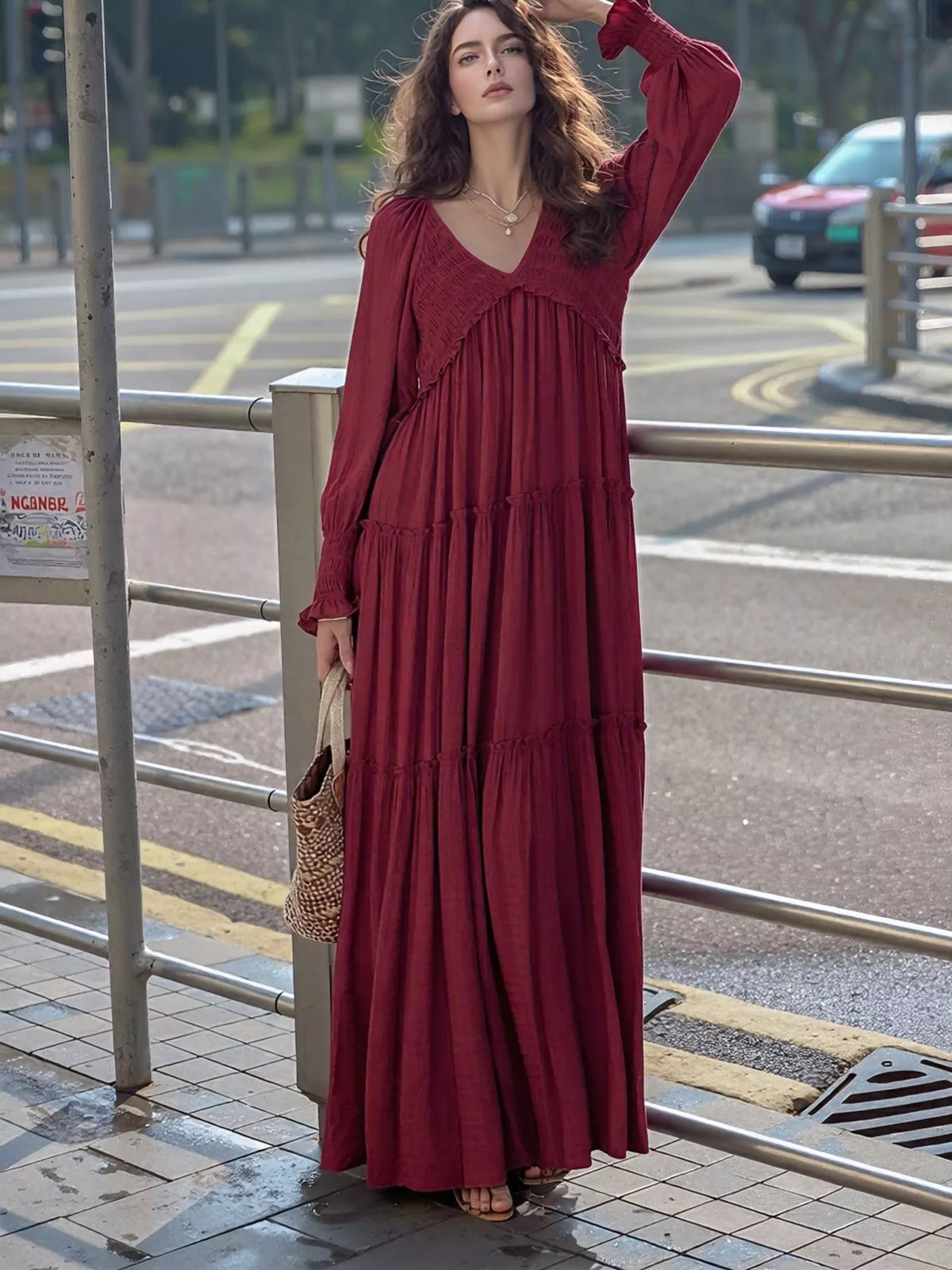 v neck long sleeve tiered maxi dress side view 3