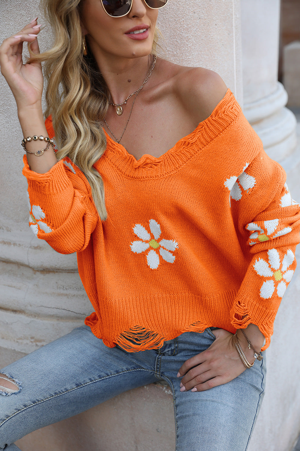 Flower Distressed Long Sleeve Sweater - Fashorio