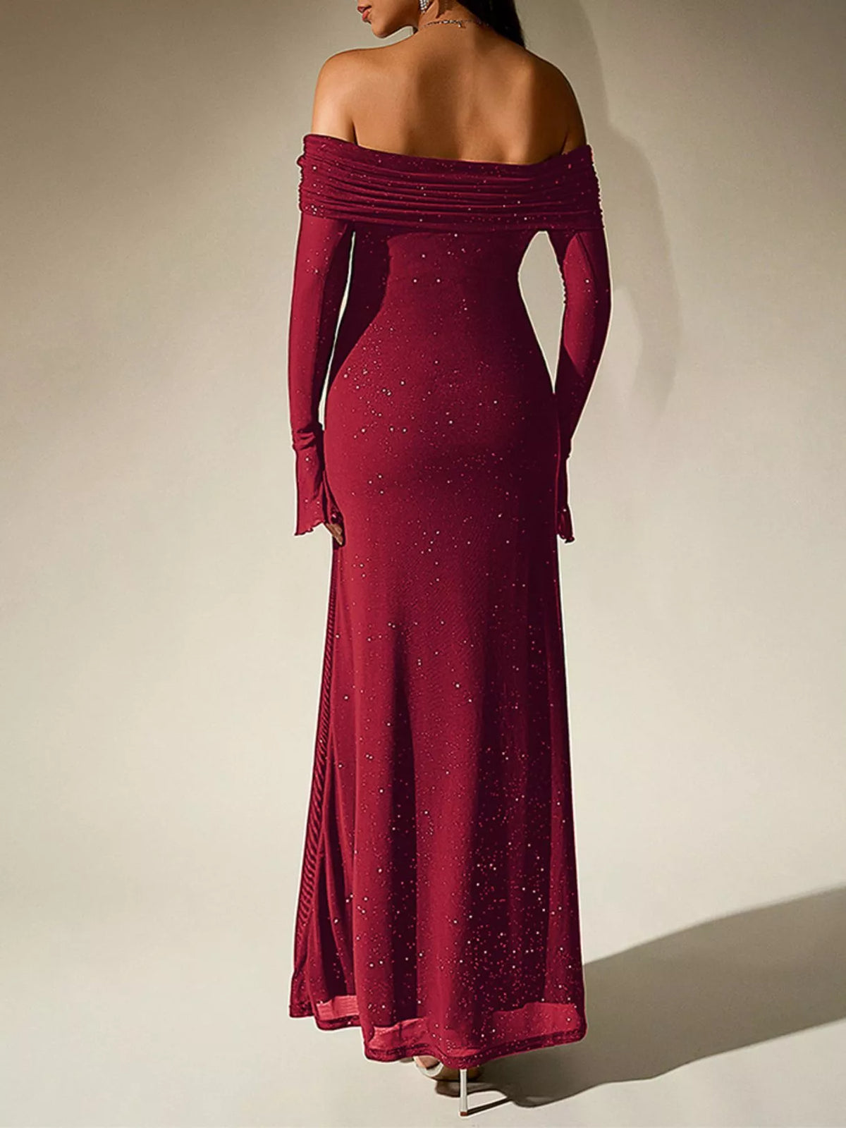 glitter off shoulder maxi dress side profile