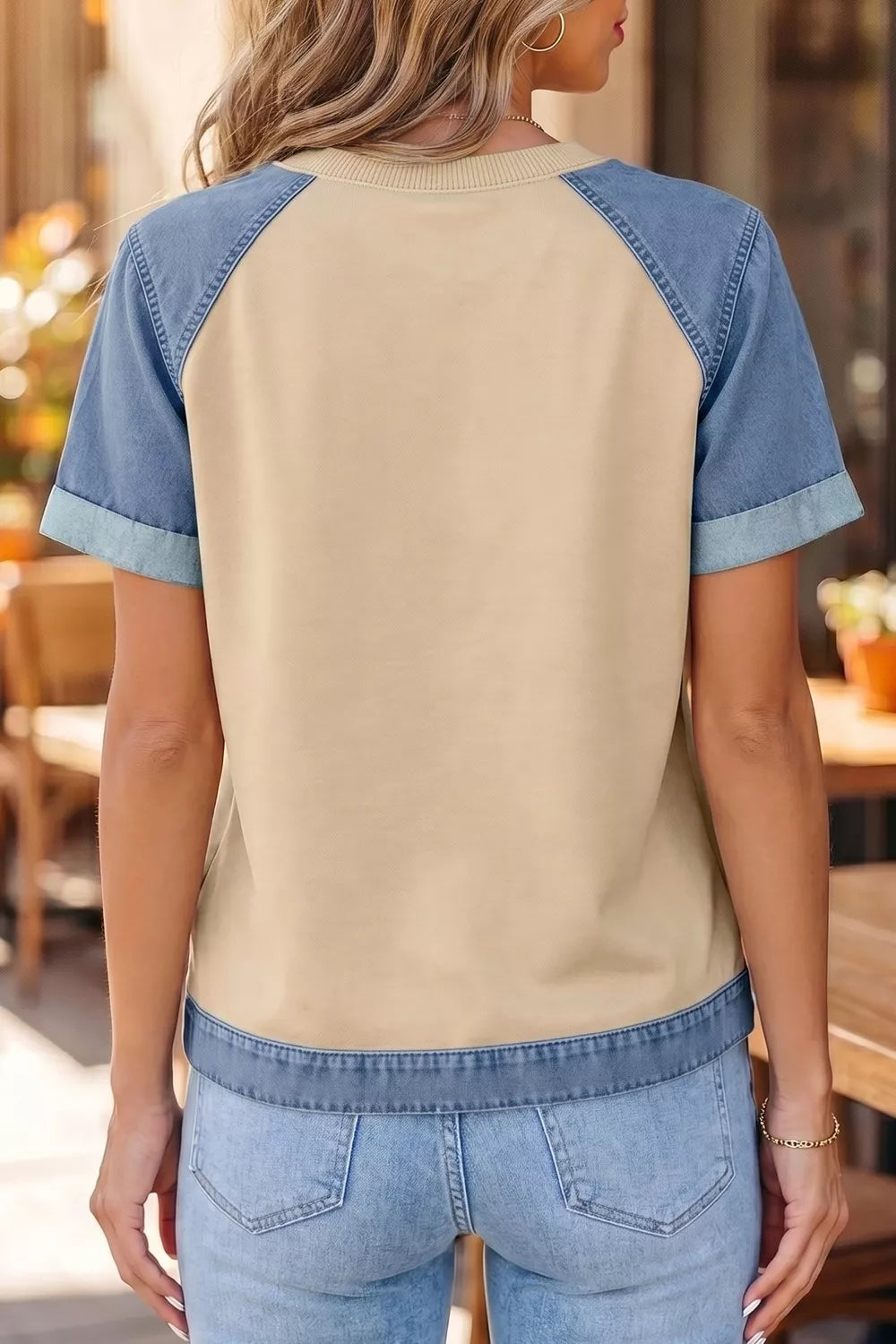 Tan patchwork denim color block round neck short sleeve tee front view