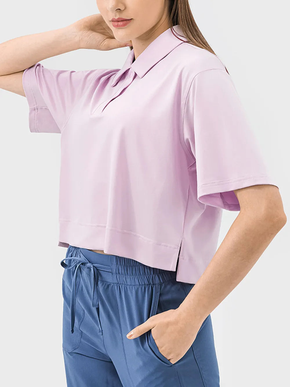 Half button short sleeve active tee full length view