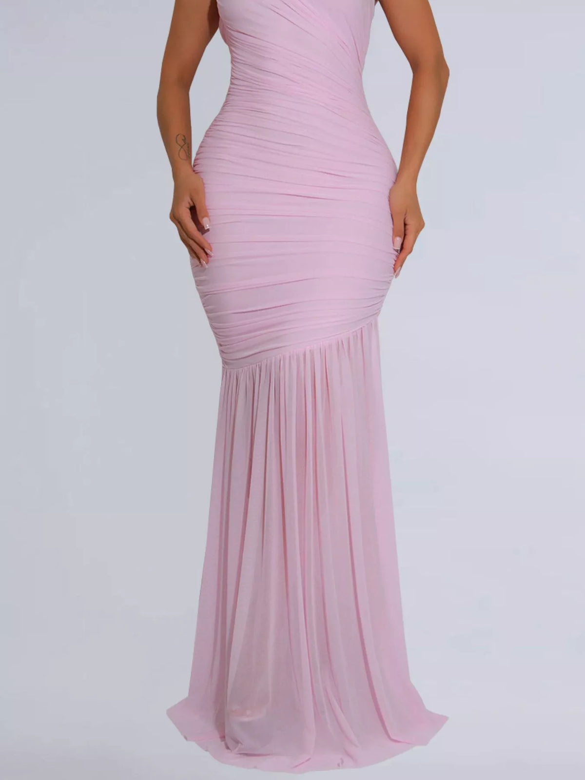 One shoulder ruched bodycon maxi dress side view
