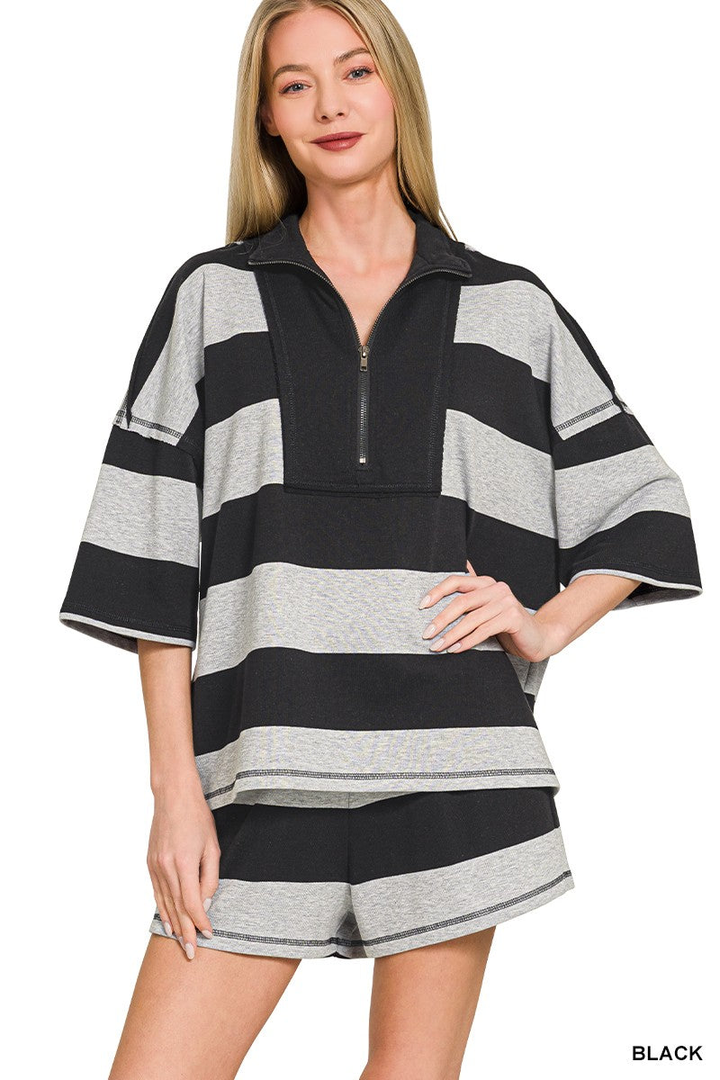 French terry striped half zip top and shorts set front view
