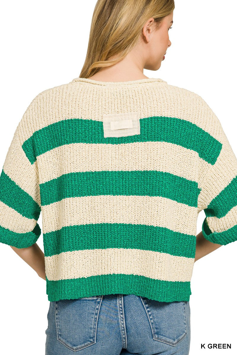 Striped cropped sweater split neck detail