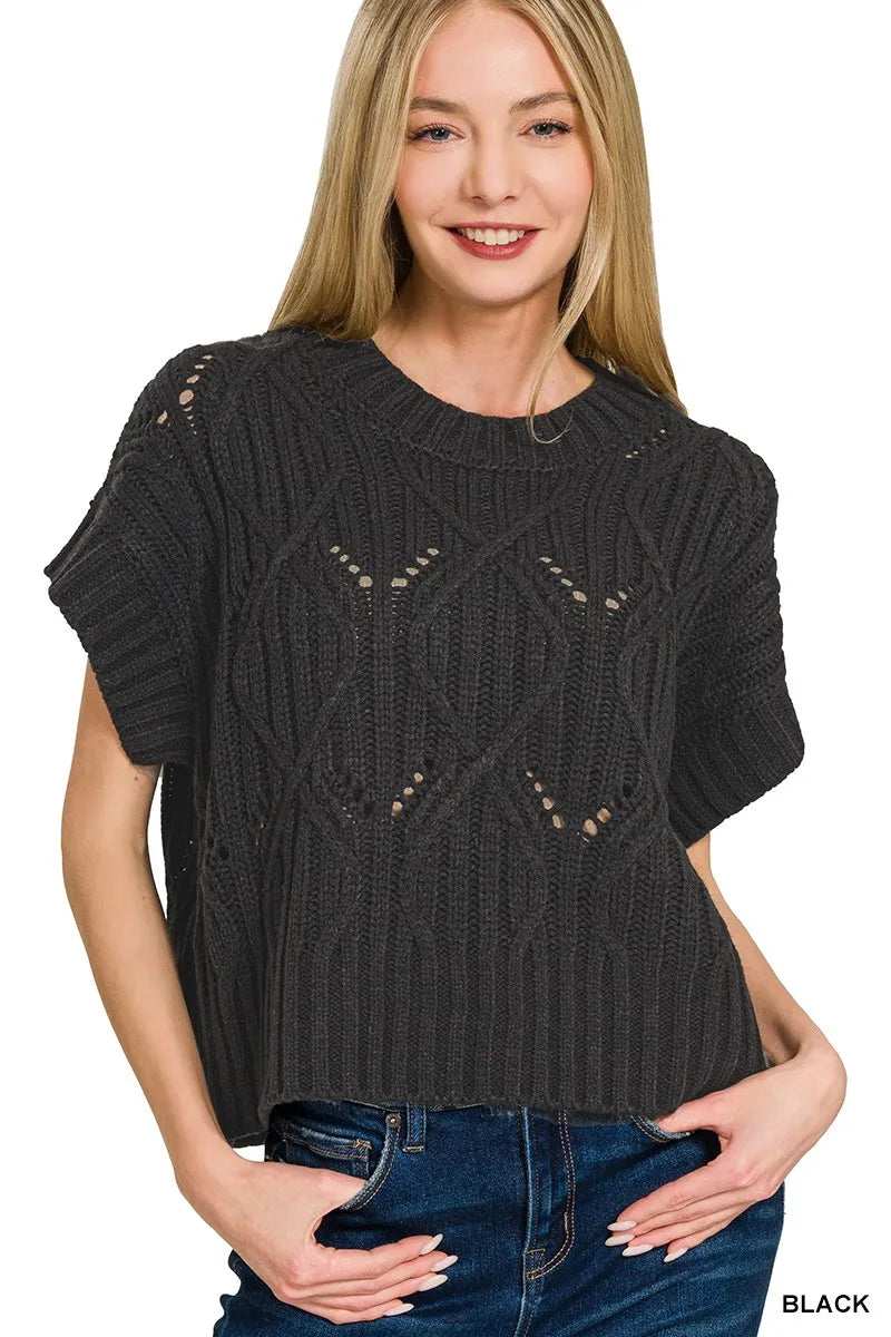 Cable Knit Short Sleeve Sweater in Black