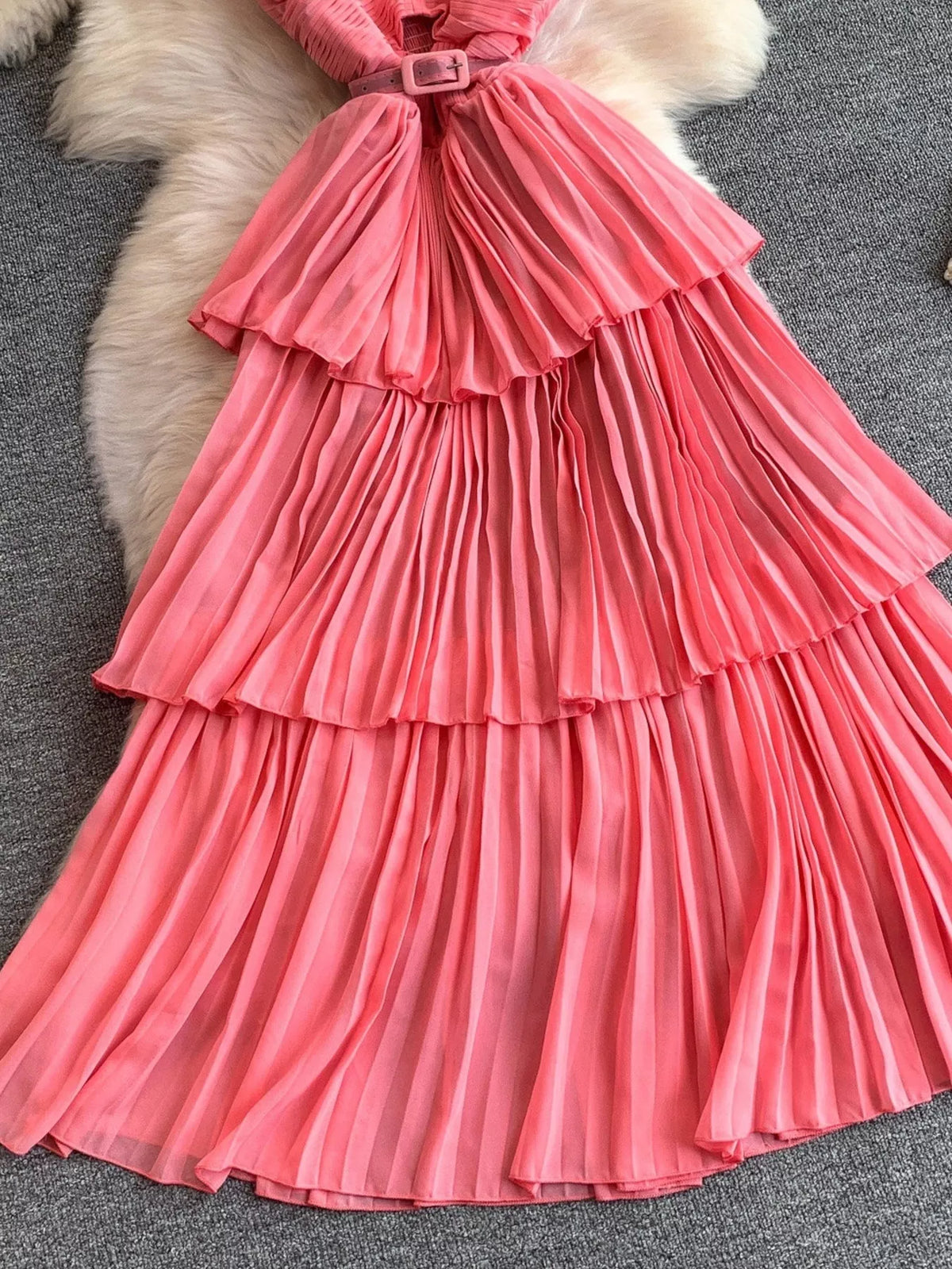 Pleated layered spaghetti strap midi dress close up