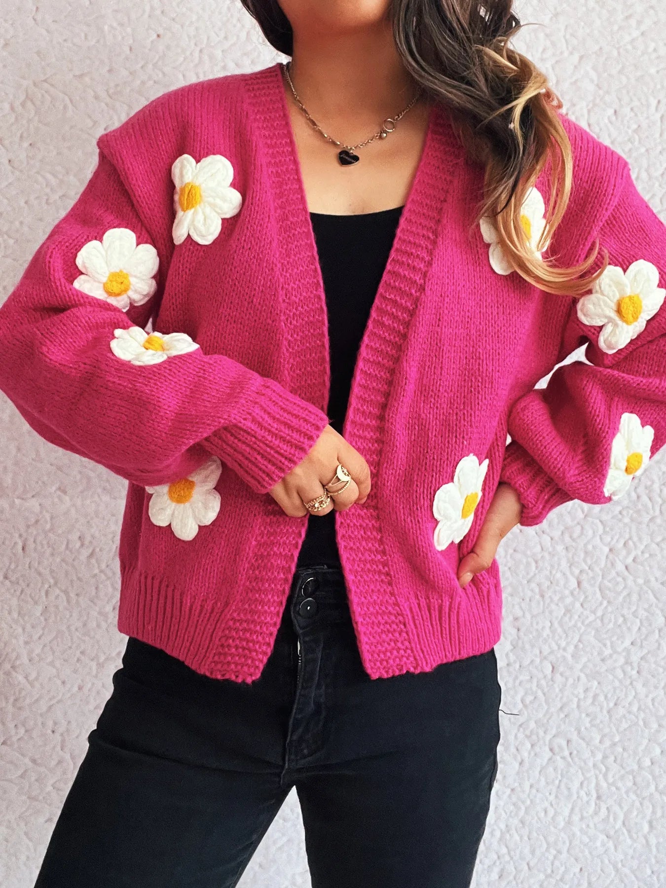 Flower Open Front Long Sleeve Cardigan - Fashorio