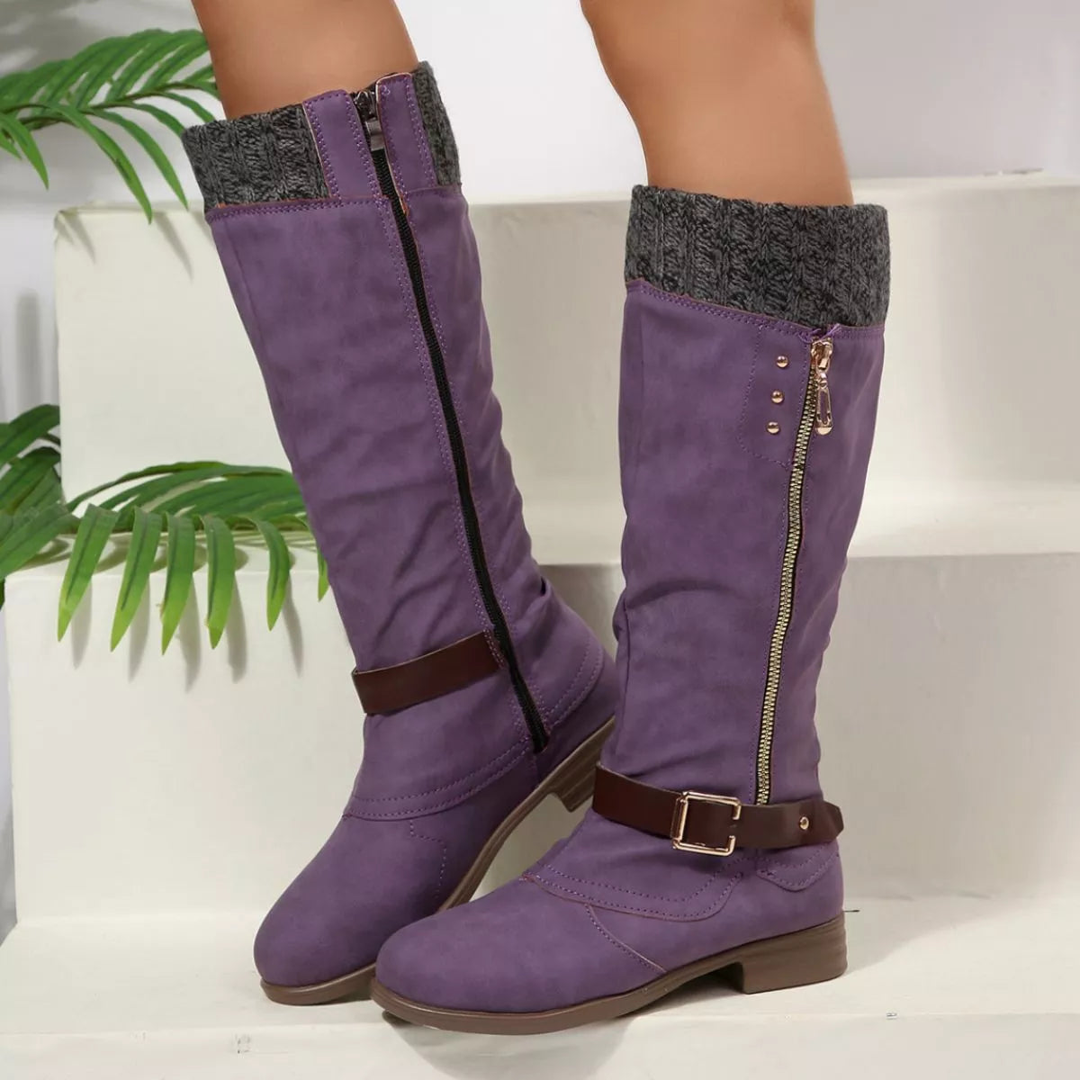 Black round toe block heels boots upper texture detail