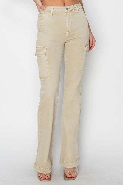 RISEN Full Size High Rise Side Slit Cargo Bootcut Jeans - Fashorio