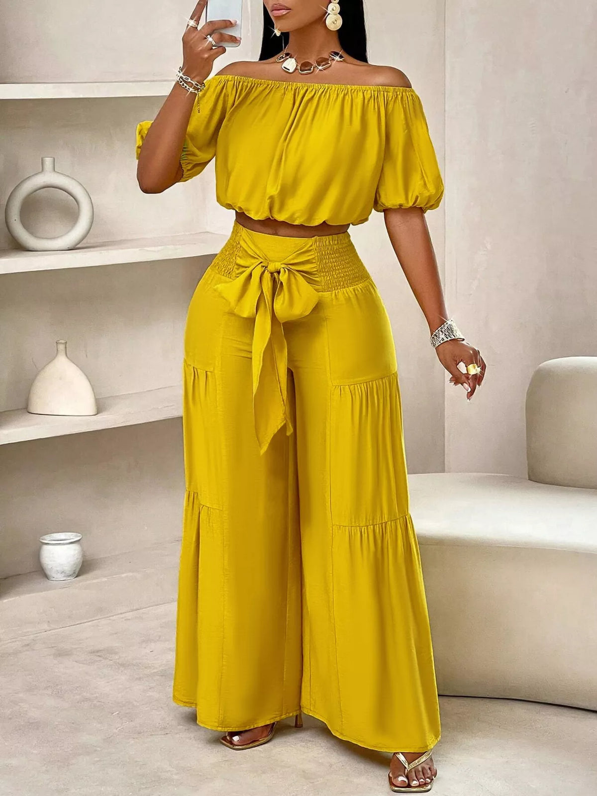 Mustard coordinated ruched set full length styling