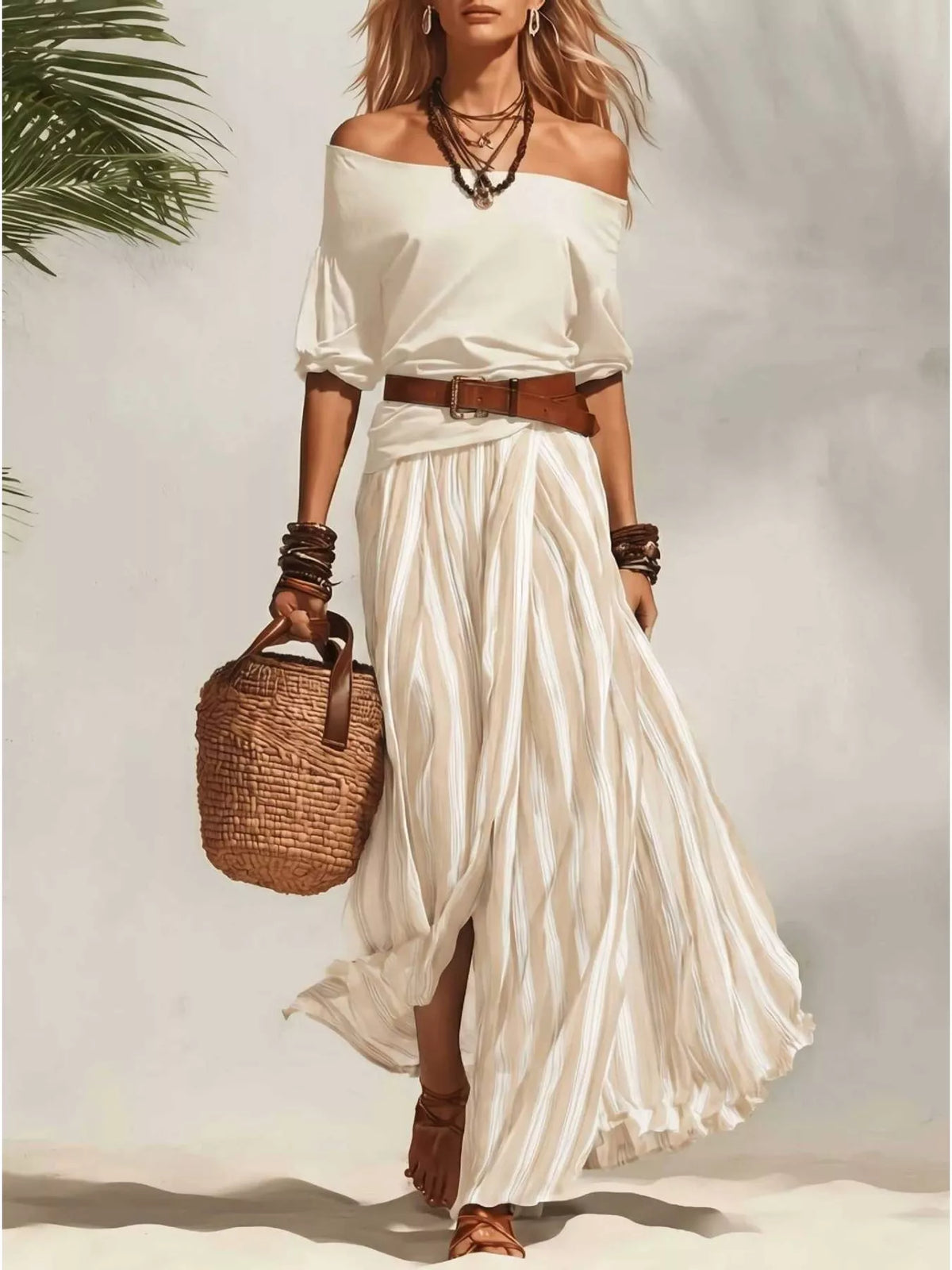 Off Shoulder Top and Striped Maxi Skirt Set, view 7
