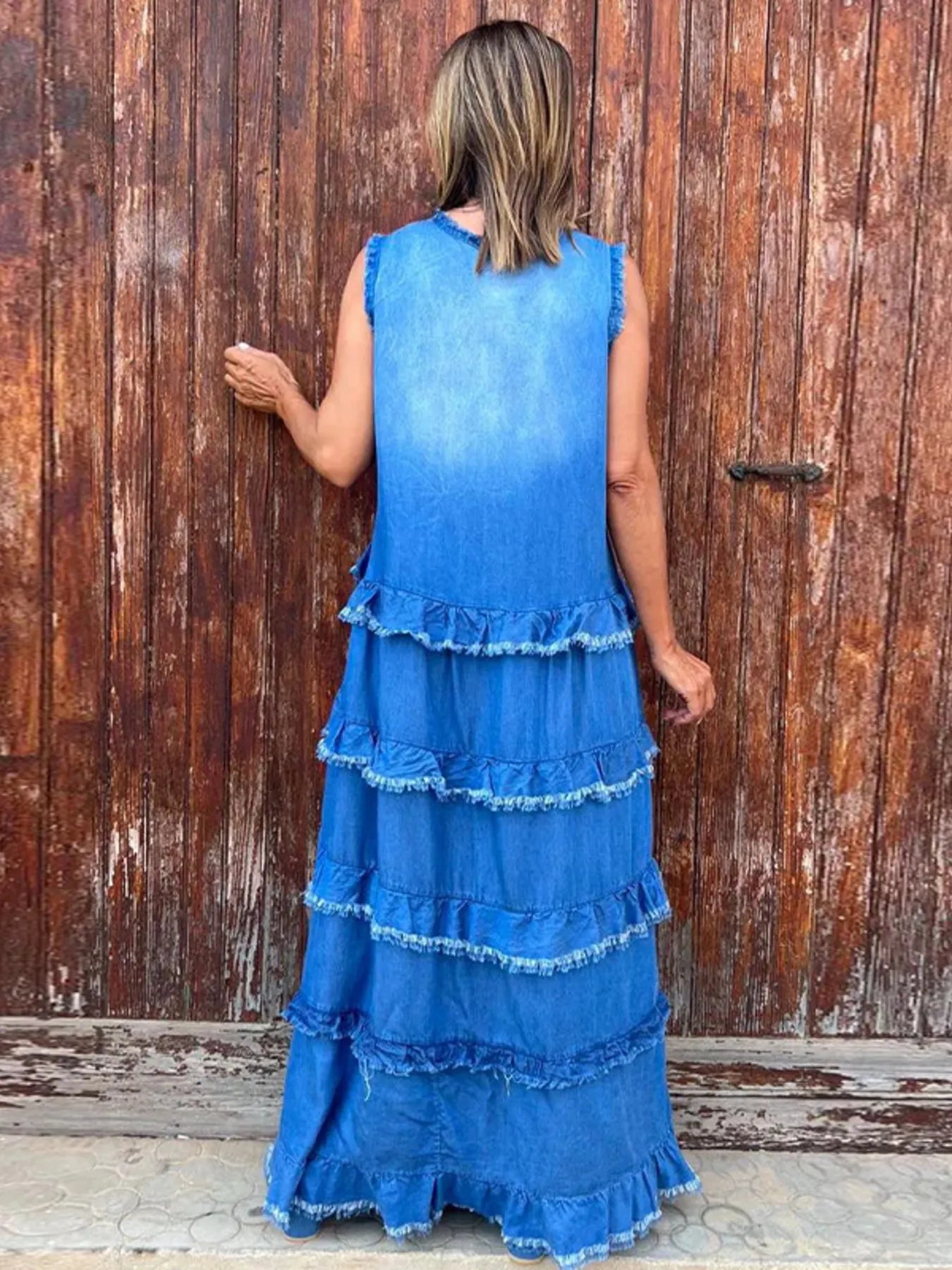 Raw Hem Layered Denim Maxi Dress - Fashorio
