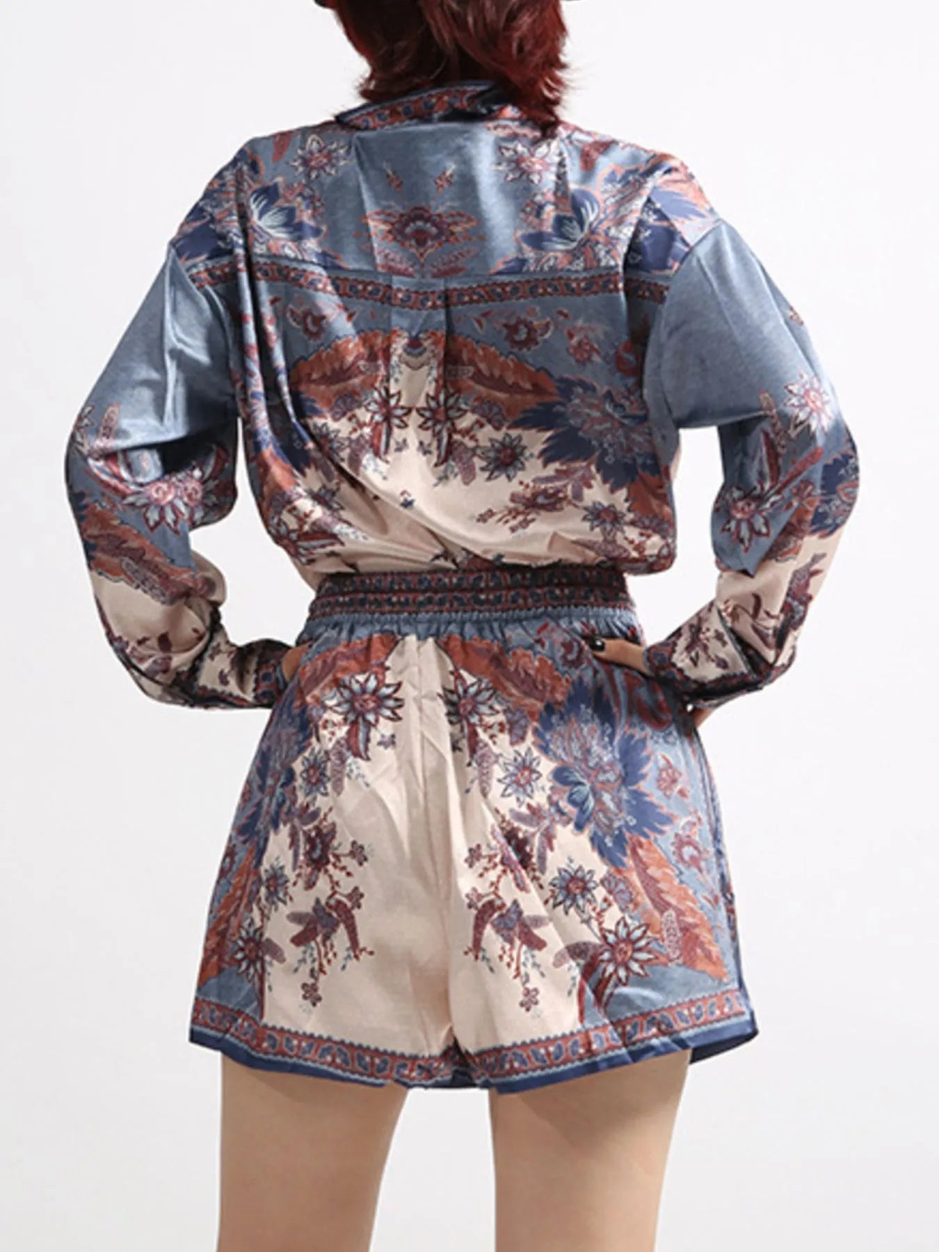 Printed Button Front Long Sleeve Shirt and Shorts Set - Fashorio