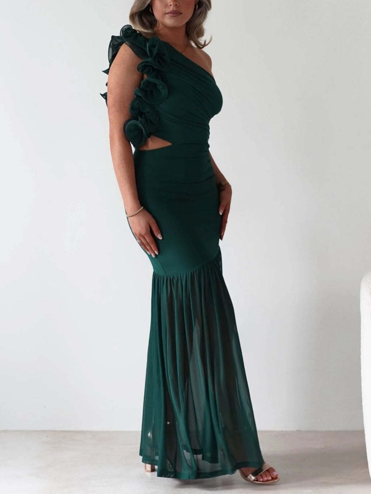 one shoulder ruffle trim maxi dress back view