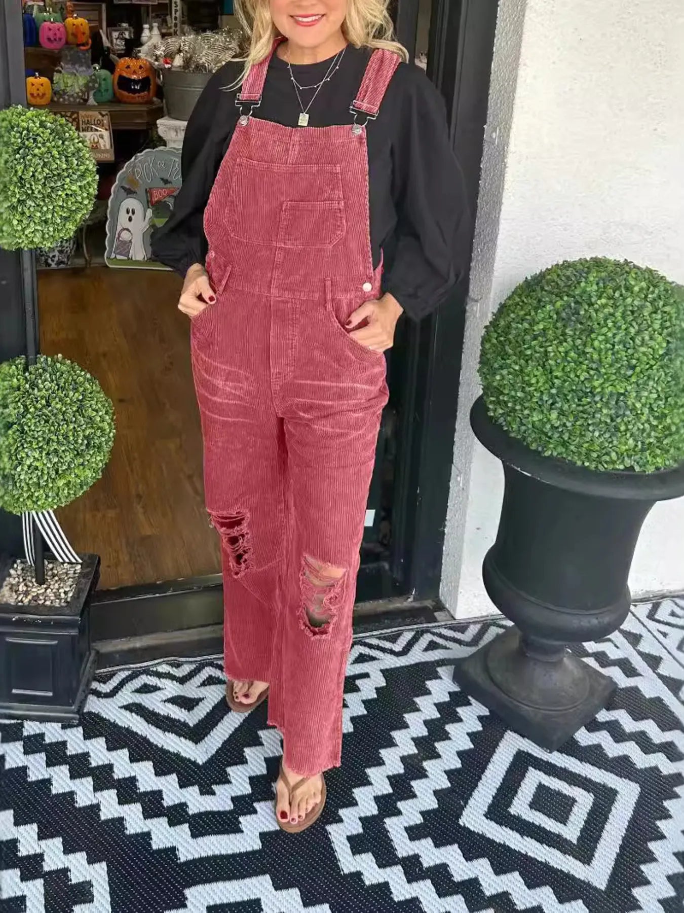 Distressed Wide Leg Corduroy Overalls Brick Red - Fashorio