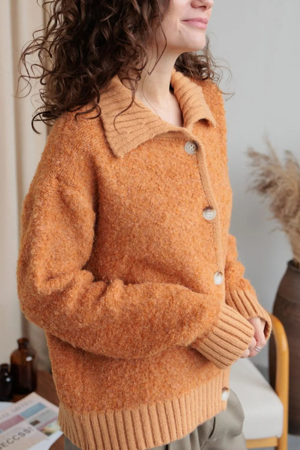 Collared Neck Button Down Long Sleeve Cardigan - Fashorio