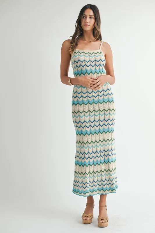 MABLE Lightweight Pointelle Chevron Knit Maxi Dress - Fashorio