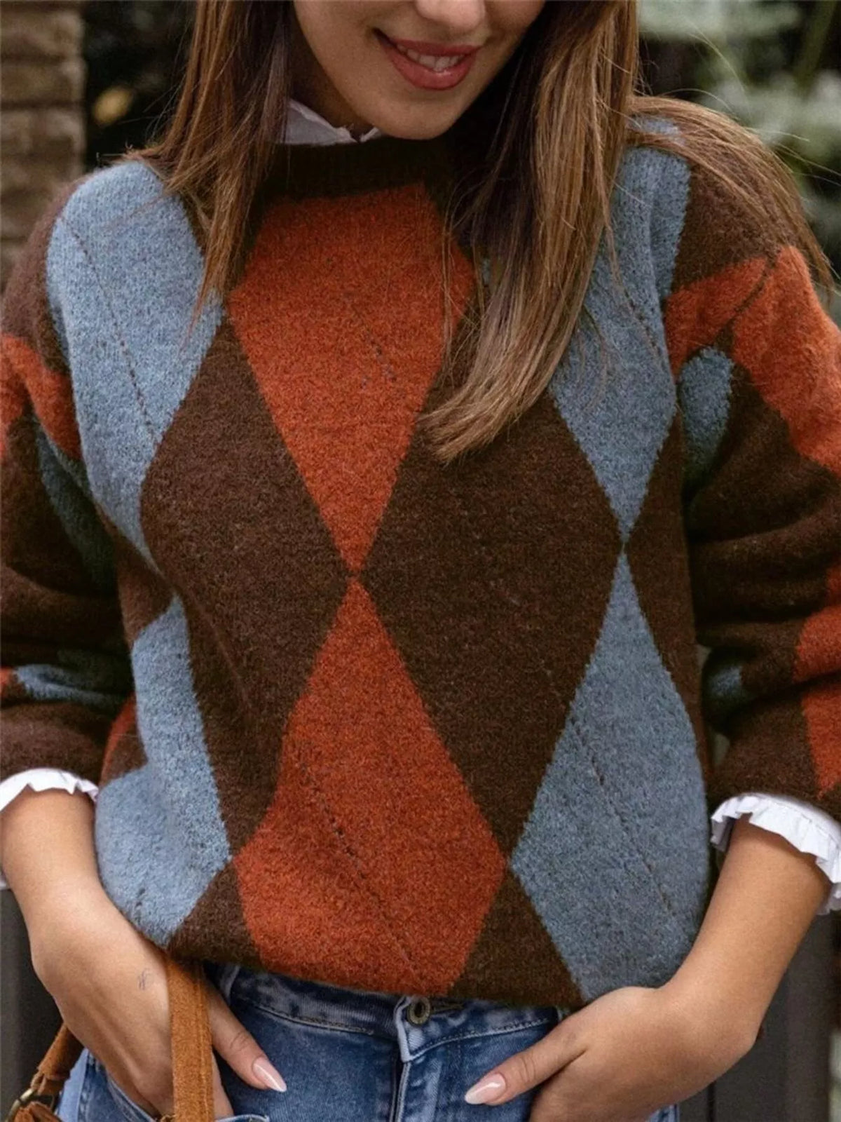 vintage argyle round neck sweater styled outfit view