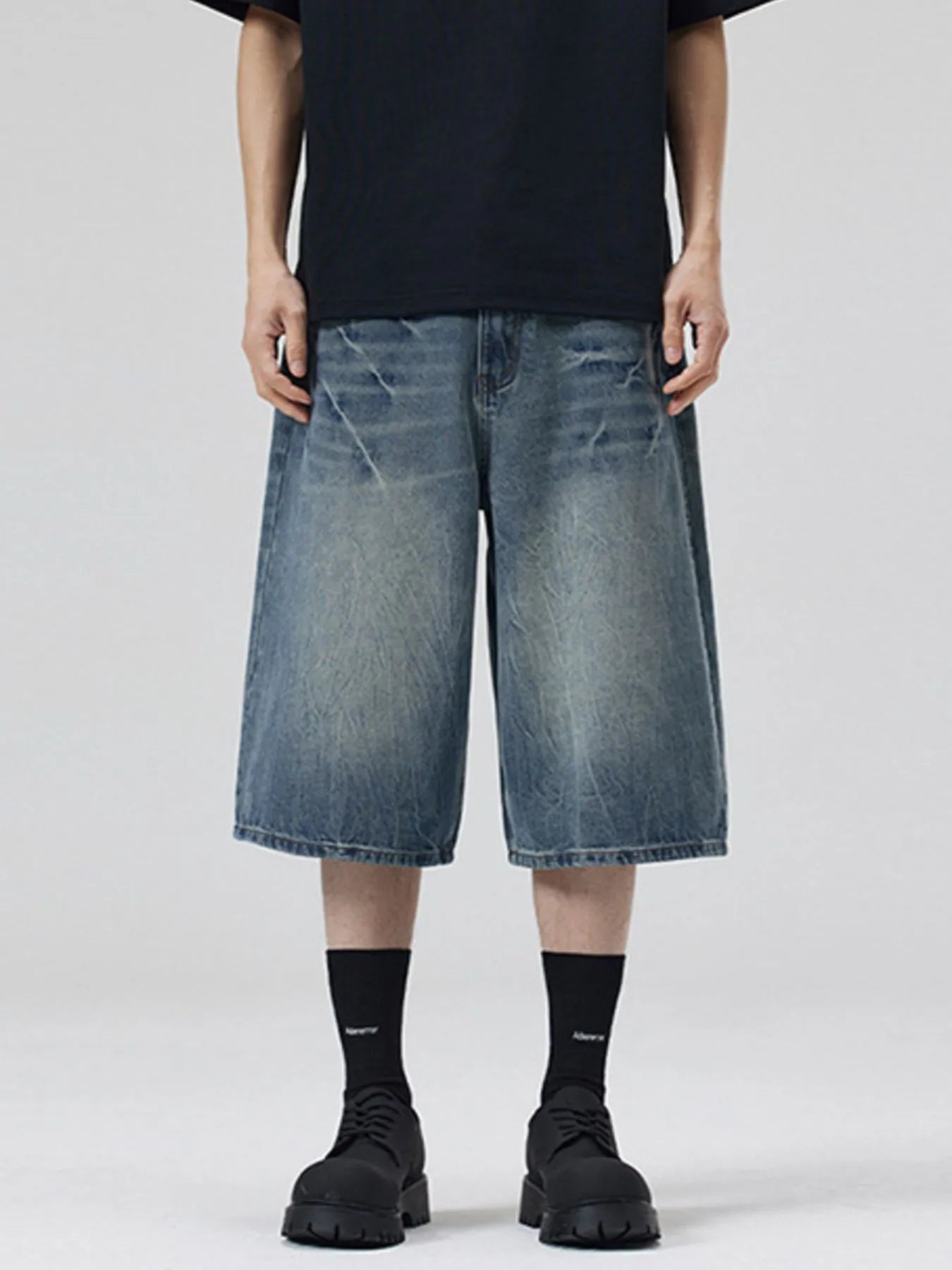 Men's Wide Leg Washed Denim Shorts Vintage Blue - Fashorio