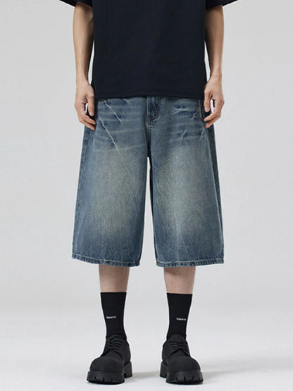 Men's Wide Leg Washed Denim Shorts Vintage Blue - Fashorio