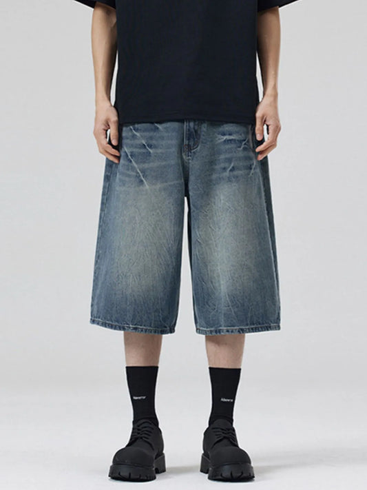 Men's Wide Leg Washed Denim Shorts Vintage Blue - Fashorio