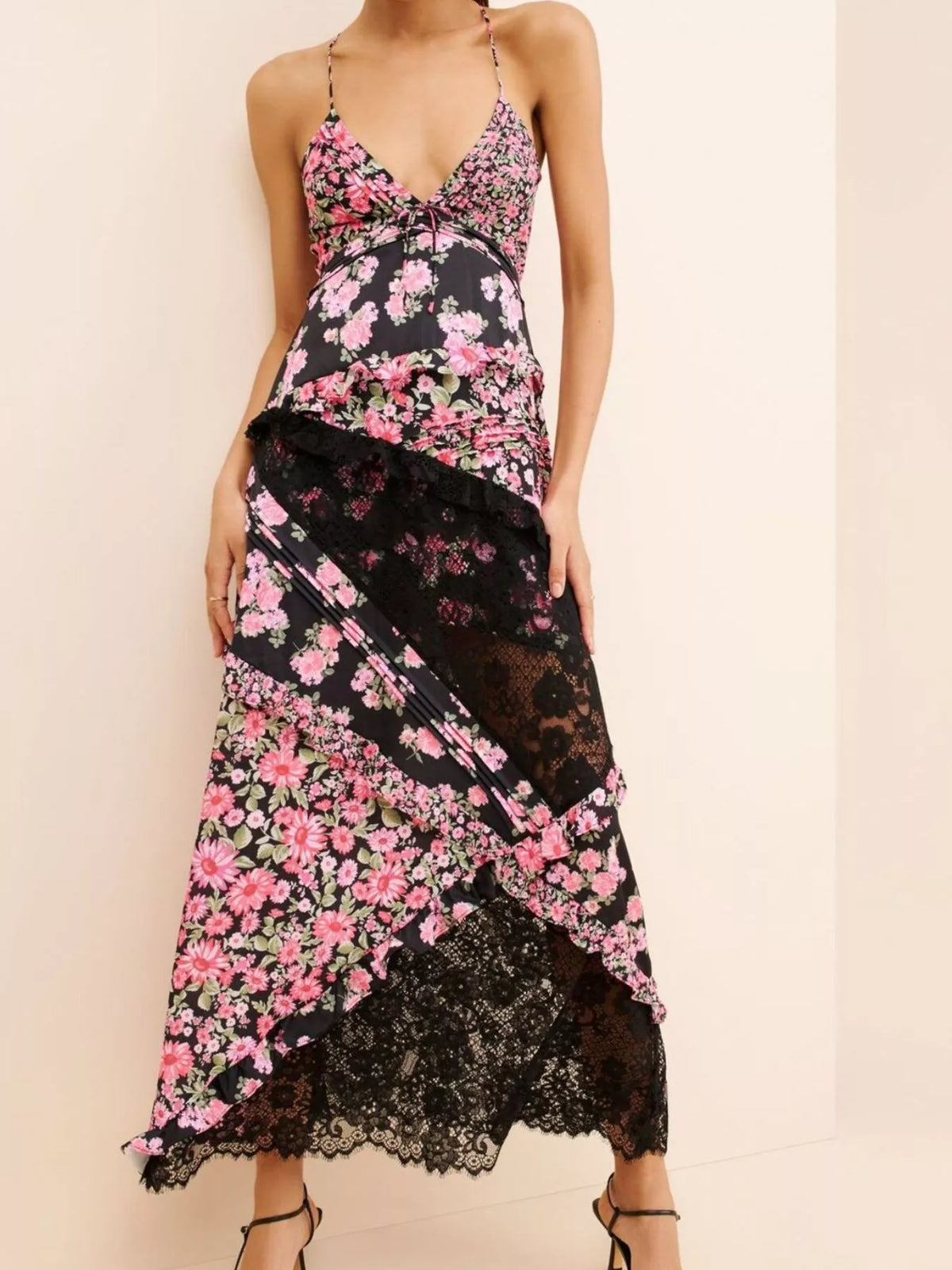 Lace detail ruffled floral v neck maxi dress, seated styling view