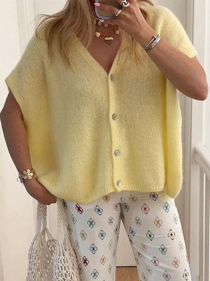 V-Neck Button Up Short Sleeve Cardigan - Fashorio