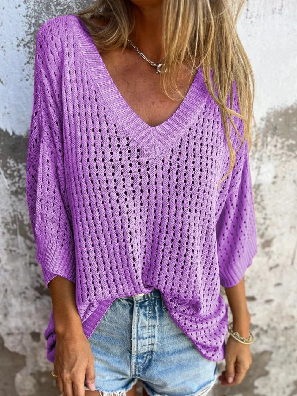Openwork v neck knit cover up styled front view