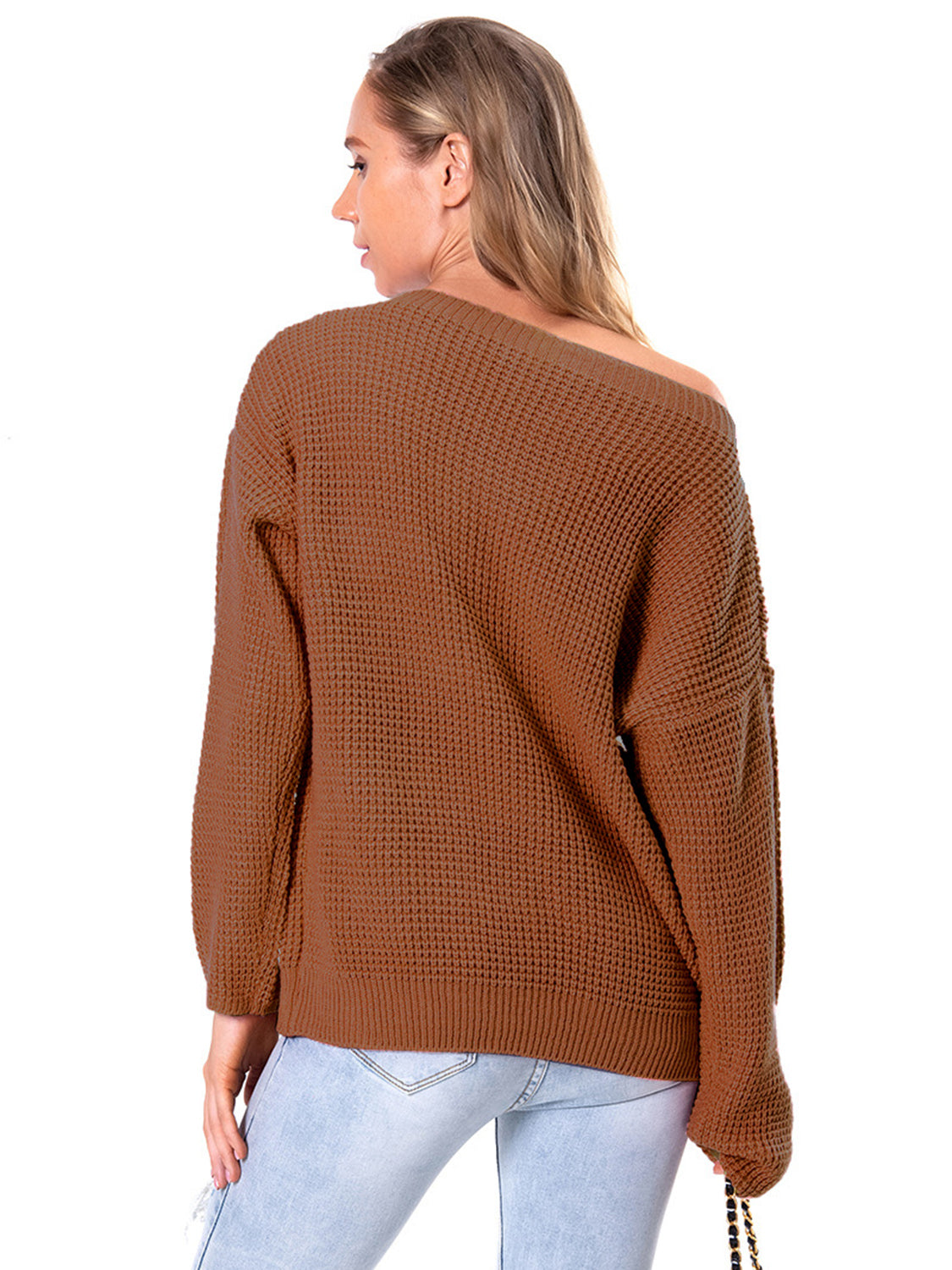 Boat Neck Drop Shoulder Long Sleeve Sweater - Fashorio