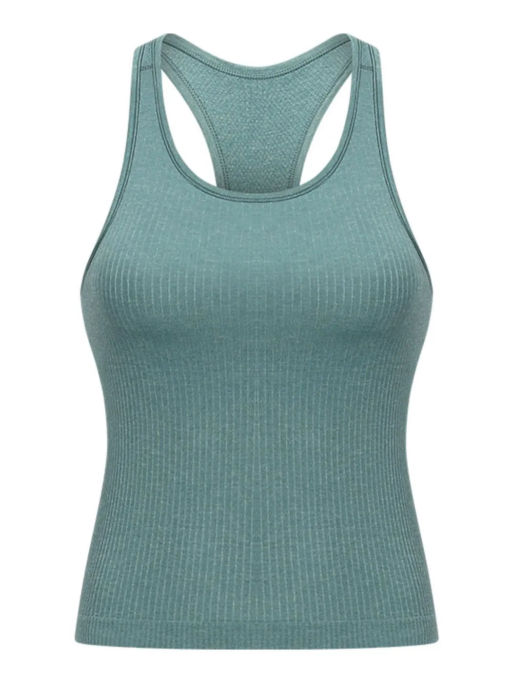 Round neck racerback padded active tank styled view
