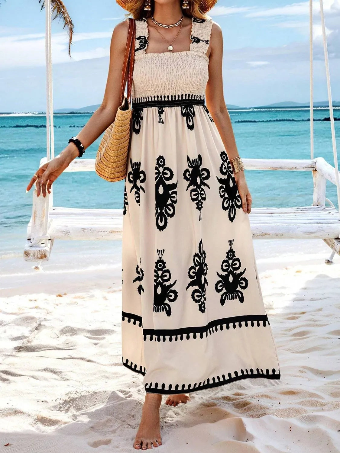 Smocked printed maxi dress styling
