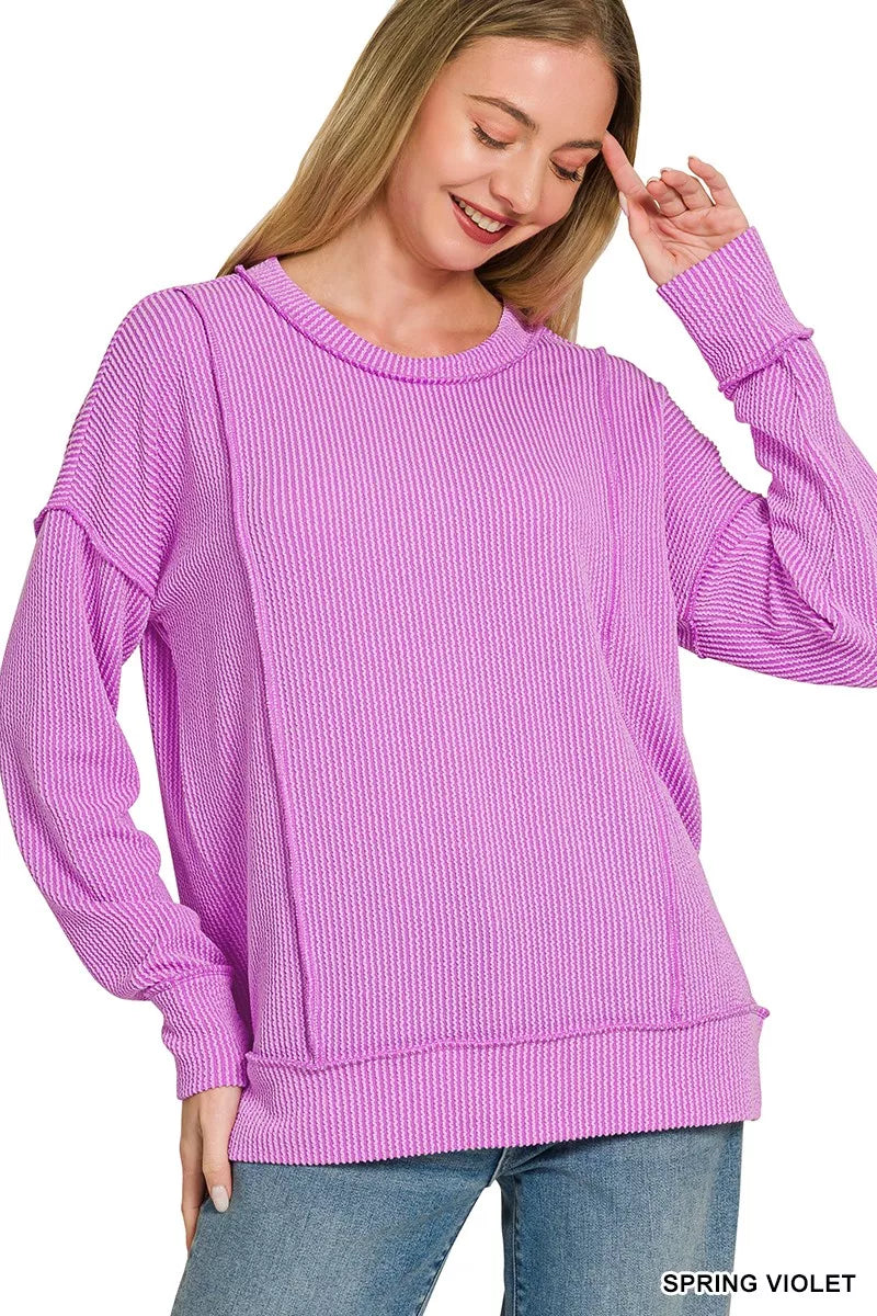 Corded rib long sleeve top in spring violet, front view