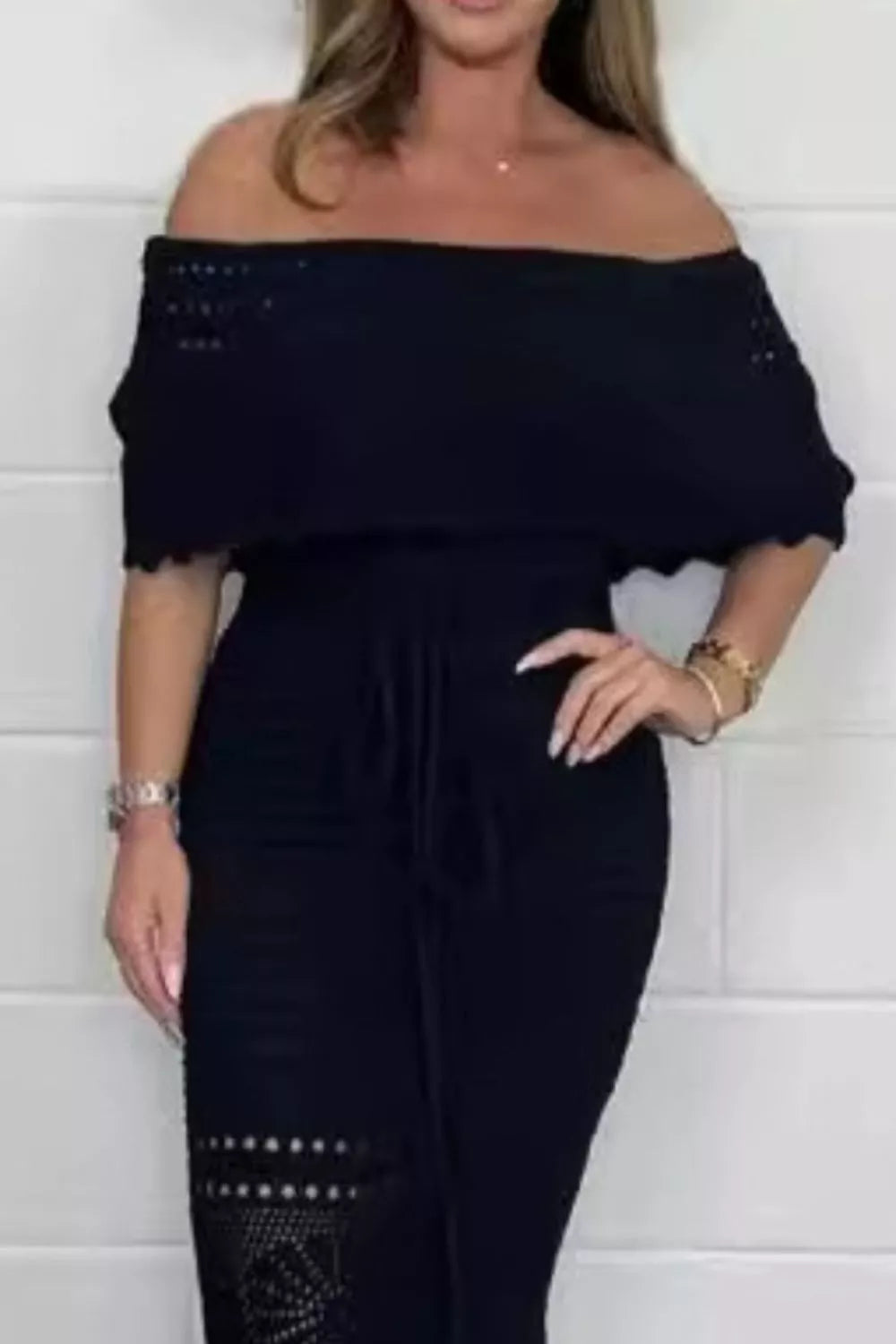 Crochet off shoulder maxi dress styled look