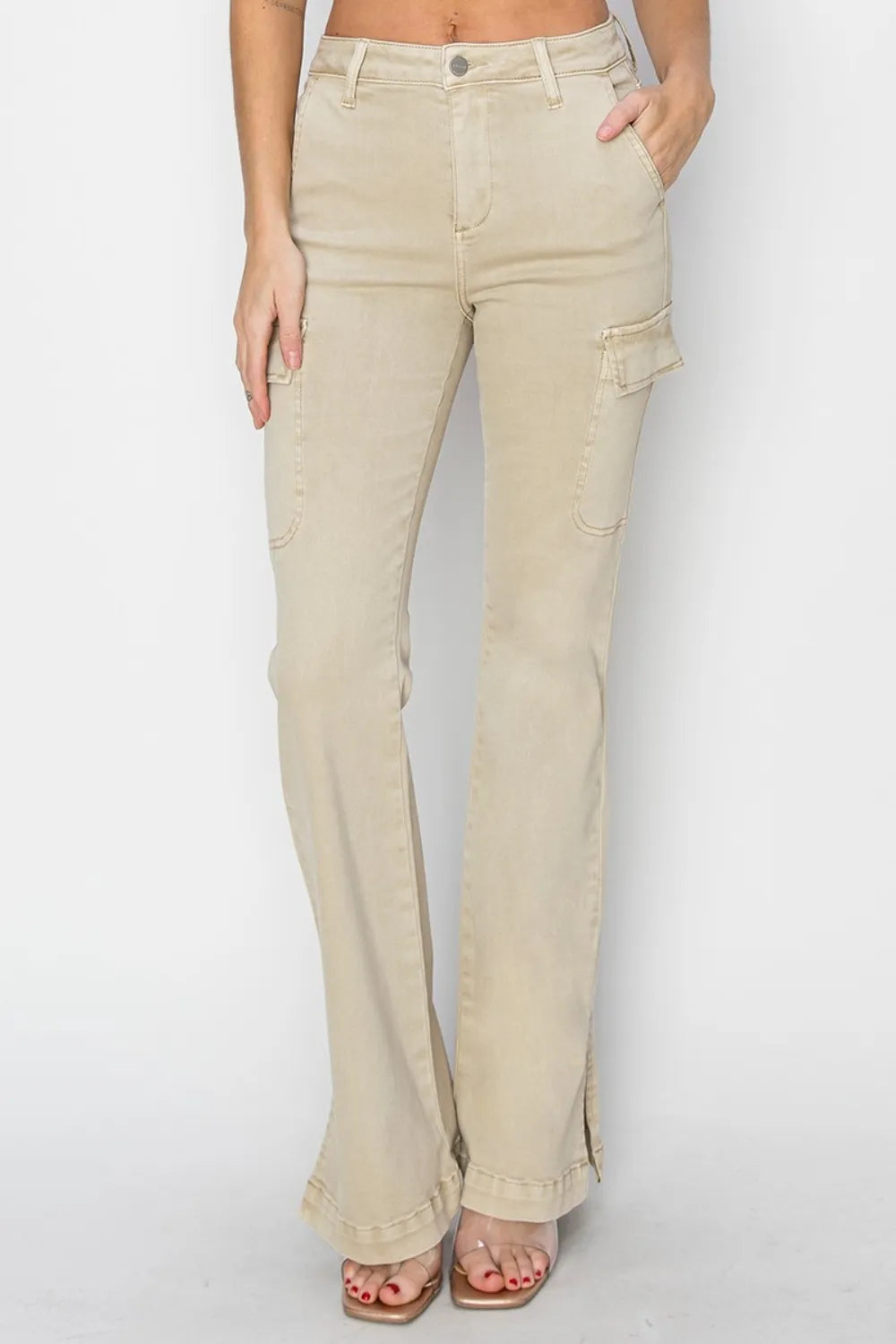 RISEN Full Size High Rise Side Slit Cargo Bootcut Jeans - Fashorio