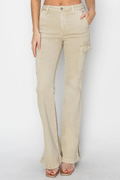 RISEN Full Size High Rise Side Slit Cargo Bootcut Jeans - Fashorio