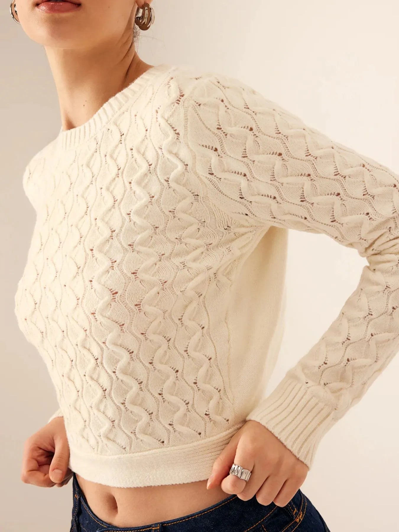 Cutout Bow Back Texture Round Neck Sweater - Fashorio