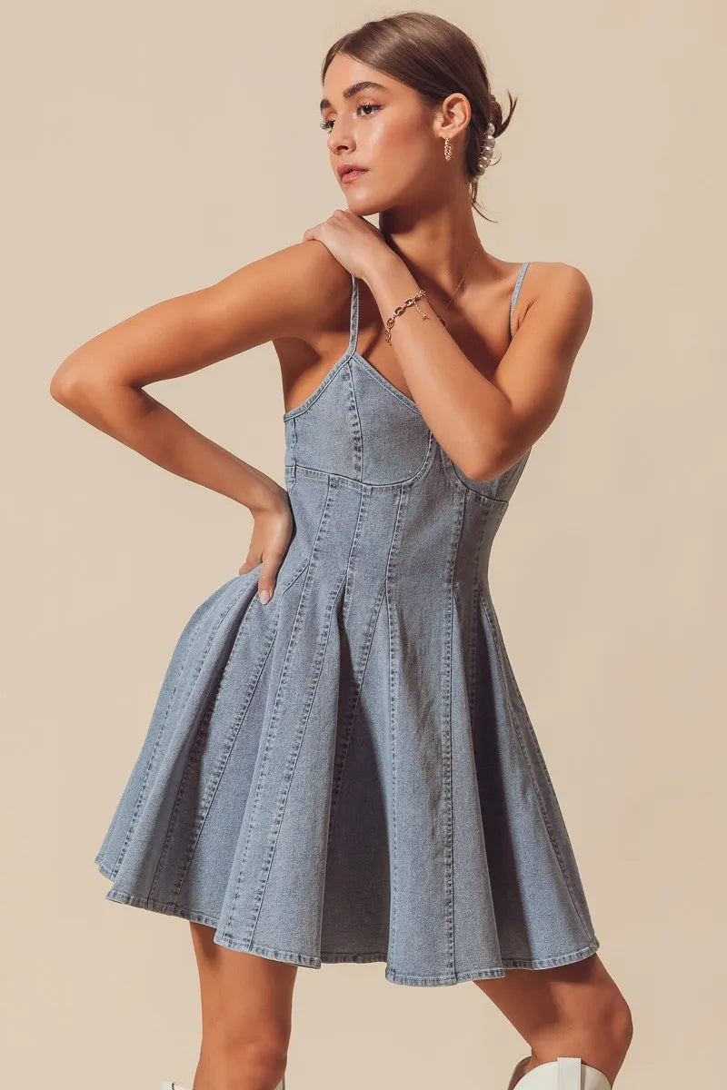 SO ME A Line Fit and Flare Denim Mini Dress - Fashorio