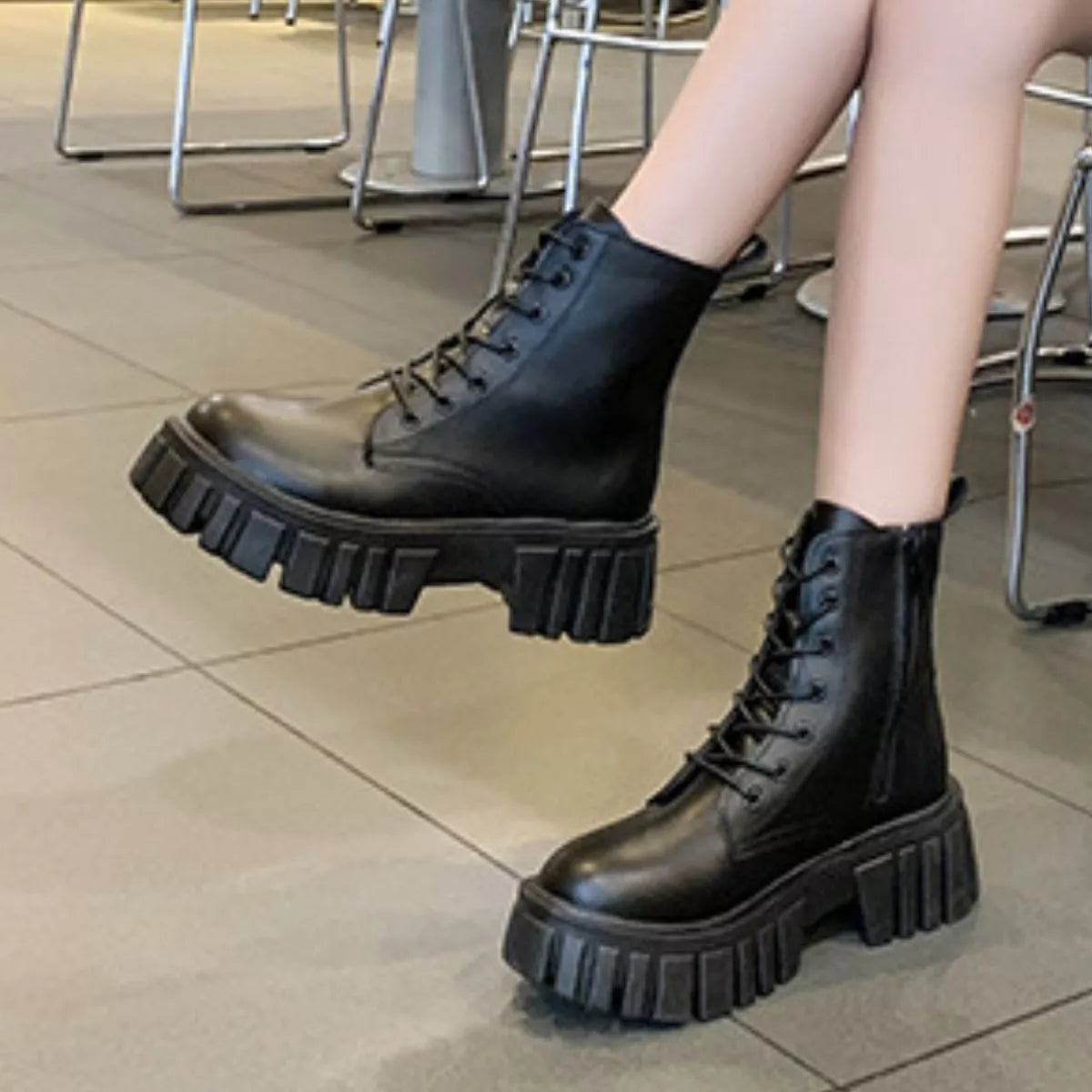 Round toe lace up chunky boots top down view