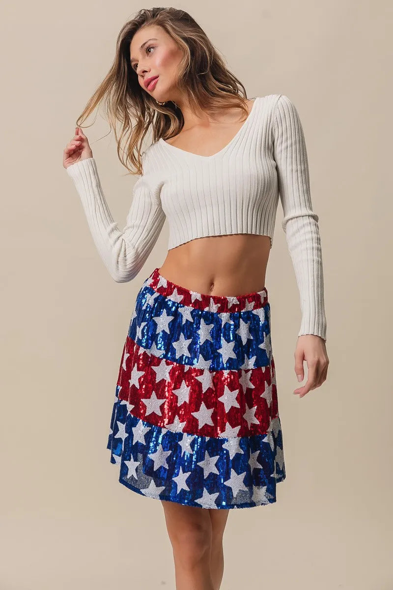 BiBi American Flag Theme Star Sequin Tiered Skirt - Fashorio