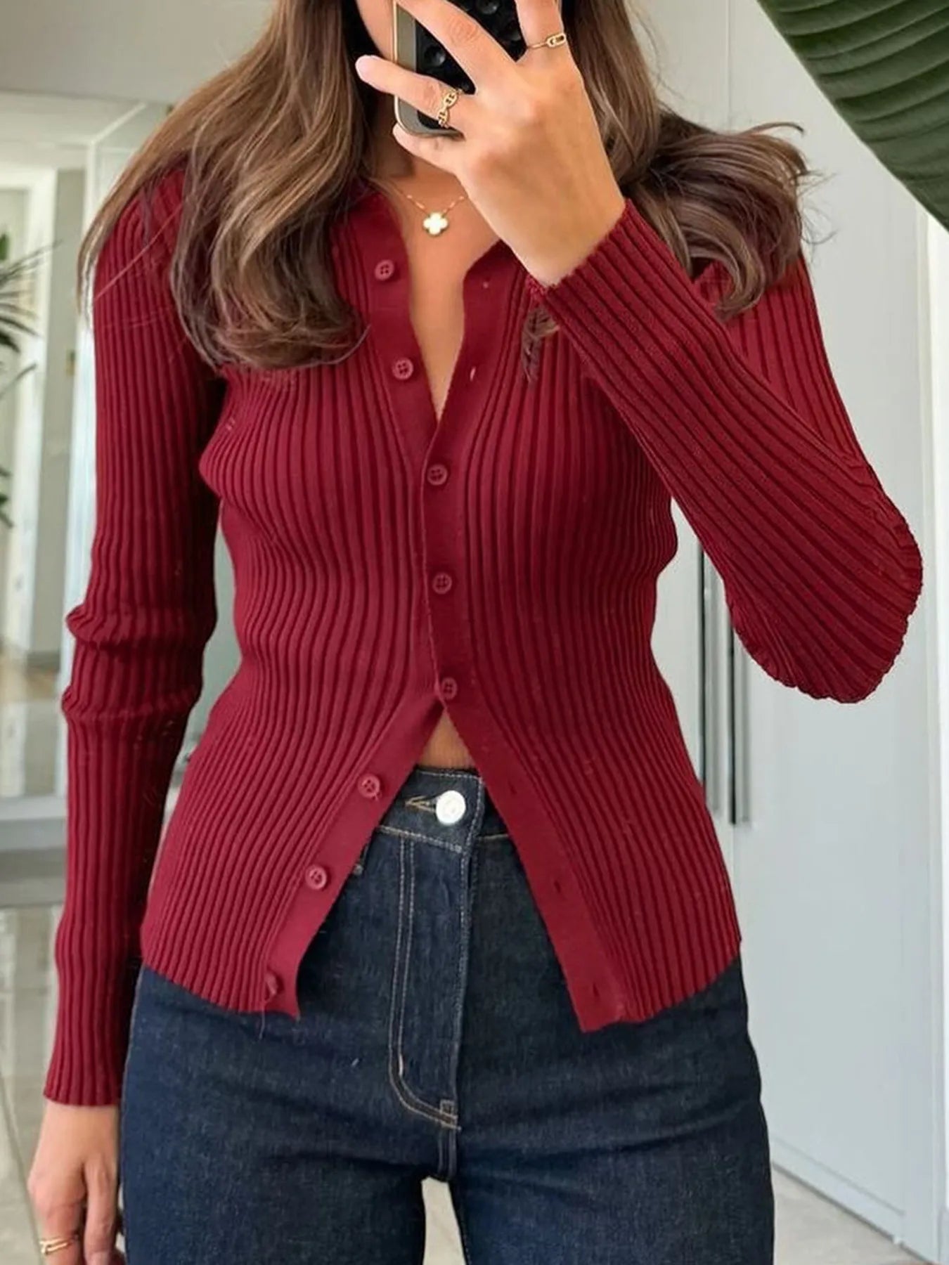 Ribbed Button-Front Long Sleeve Cardigan Deep Red - Fashorio