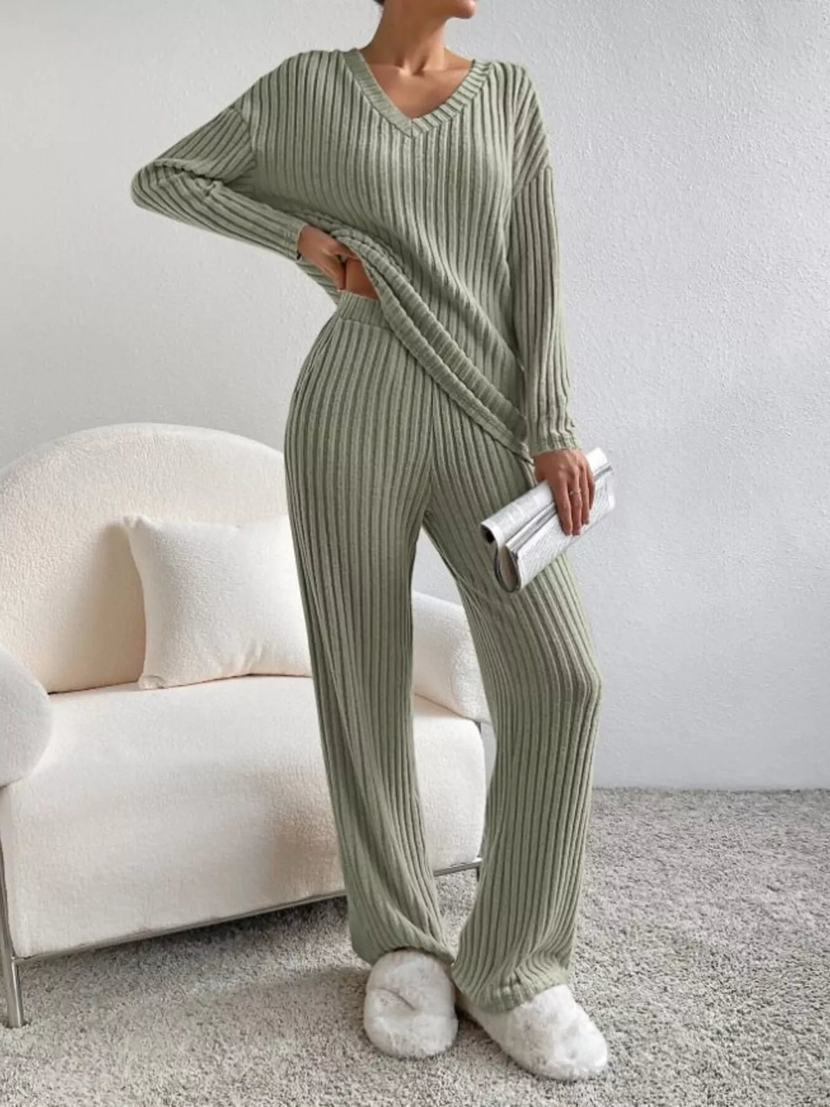 Ribbed Knit V Neck Top and Pants Set, view 15